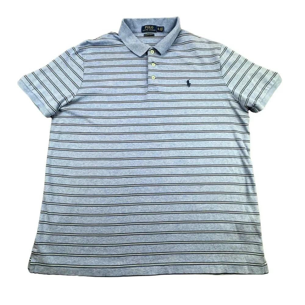 Polo Ralph Lauren Slim Fit Polo Shirt Mens XL Light Blue Stripe Short Sleeve